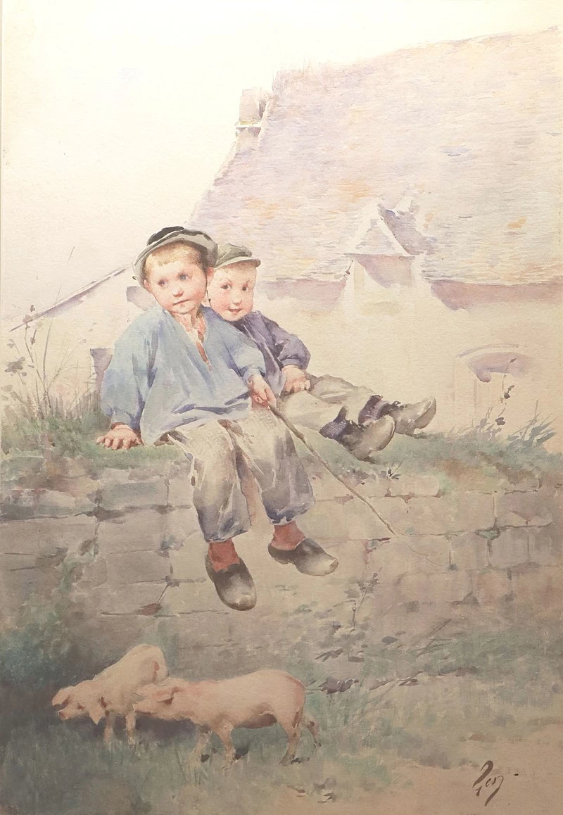 Due piccoli bretoni e i loro maialini